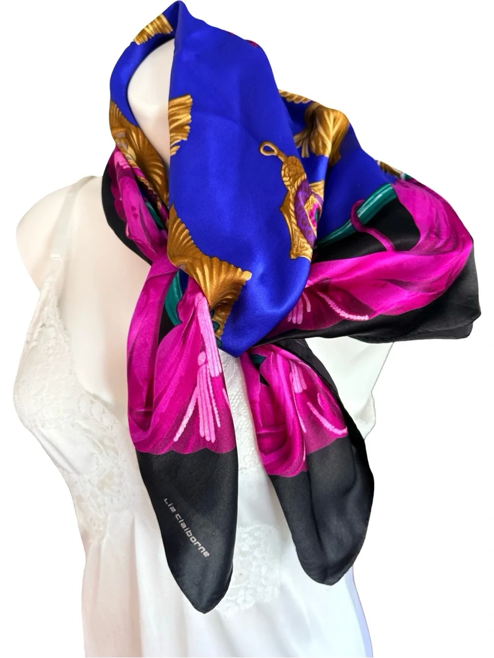 Vintage Liz Claiborne Silk Scarf Royal Blue Magenta Gold Tassel Medallion 30x30